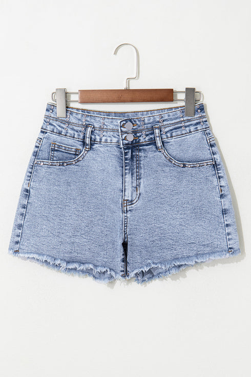 Rhinestone Patchwork Raw Hem High Waist Denim Shorts