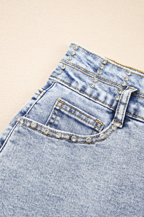 Rhinestone Patchwork Raw Hem High Waist Denim Shorts