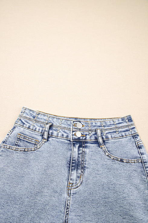 Rhinestone Patchwork Raw Hem High Waist Denim Shorts