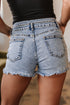 Rhinestone Patchwork Raw Hem High Waist Denim Shorts