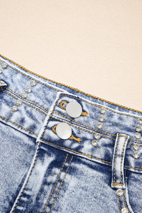 Rhinestone Patchwork Raw Hem High Waist Denim Shorts