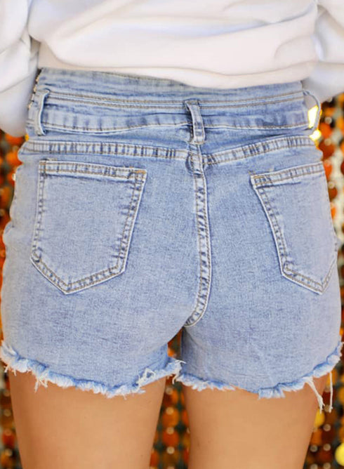 Rhinestone Patchwork Raw Hem High Waist Denim Shorts