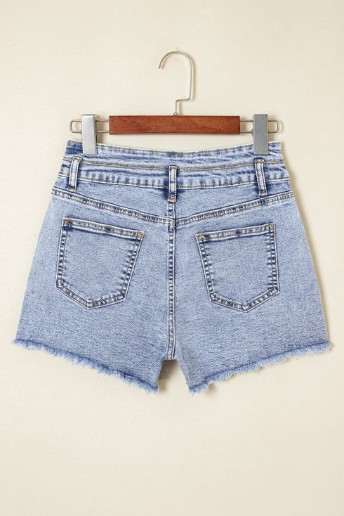 Rhinestone Patchwork Raw Hem High Waist Denim Shorts