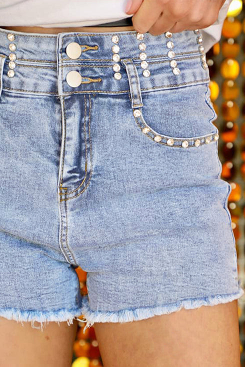 Rhinestone Patchwork Raw Hem High Waist Denim Shorts