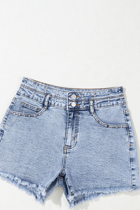 Rhinestone Patchwork Raw Hem High Waist Denim Shorts