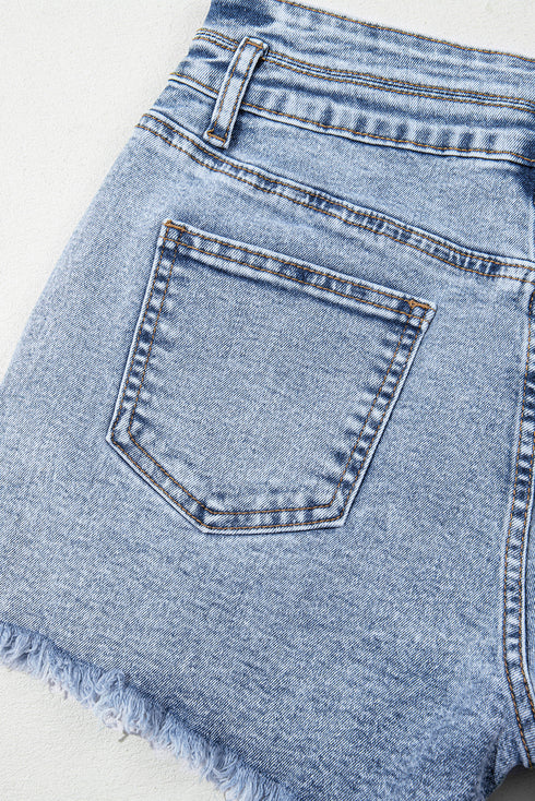 Rhinestone Patchwork Raw Hem High Waist Denim Shorts