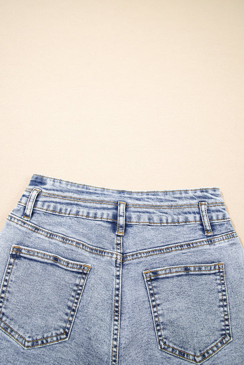 Rhinestone Patchwork Raw Hem High Waist Denim Shorts