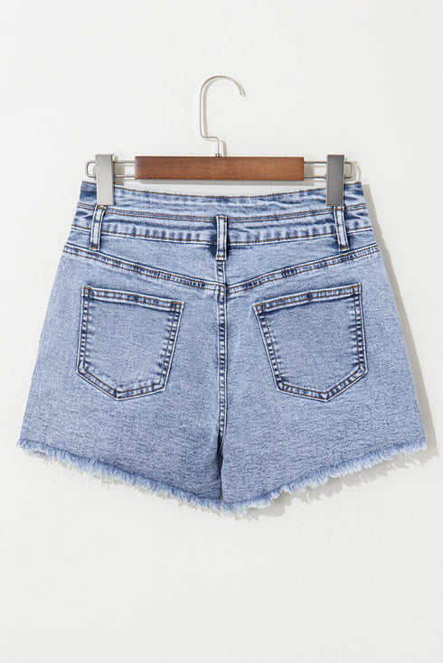 Rhinestone Patchwork Raw Hem High Waist Denim Shorts