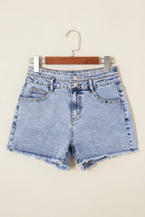 Rhinestone Patchwork Raw Hem High Waist Denim Shorts