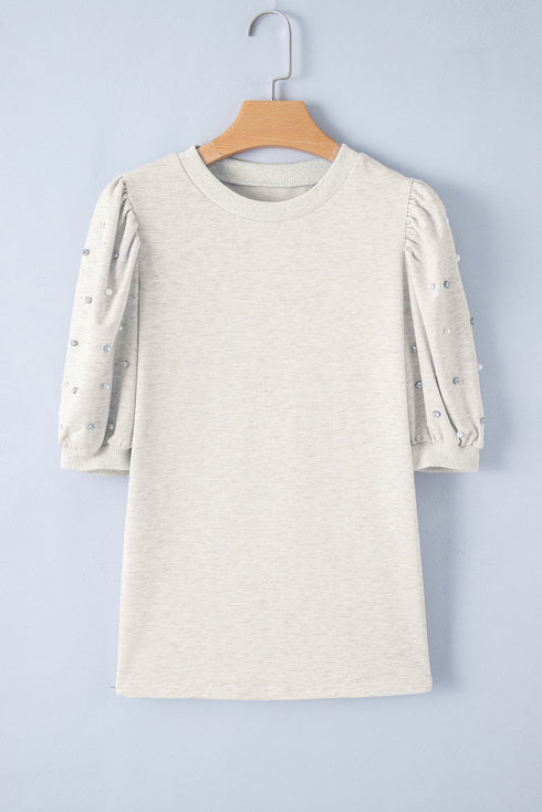Rhinestone Pearl Embellished Puff Sleeve Top