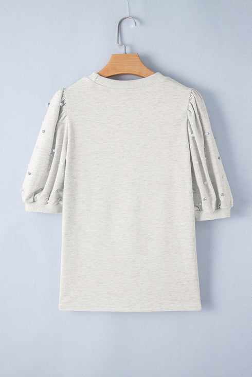 Rhinestone Pearl Embellished Puff Sleeve Top