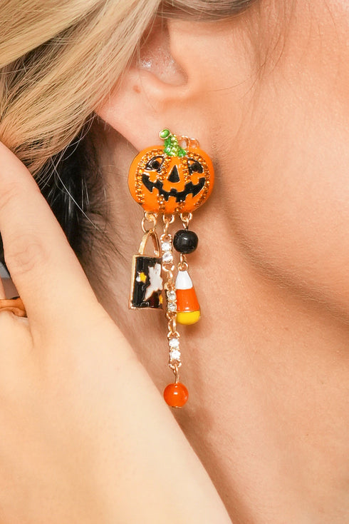 Rhinestone Pumpkin Ghost Tassel Statement Dangle Earrings