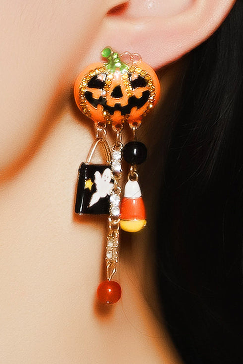 Rhinestone Pumpkin Ghost Tassel Statement Dangle Earrings