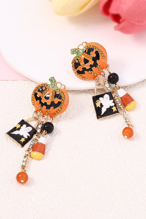 Rhinestone Pumpkin Ghost Tassel Statement Dangle Earrings