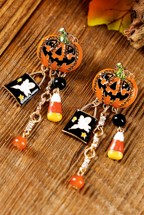 Rhinestone Pumpkin Ghost Tassel Statement Dangle Earrings