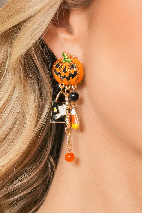 Rhinestone Pumpkin Ghost Tassel Statement Dangle Earrings