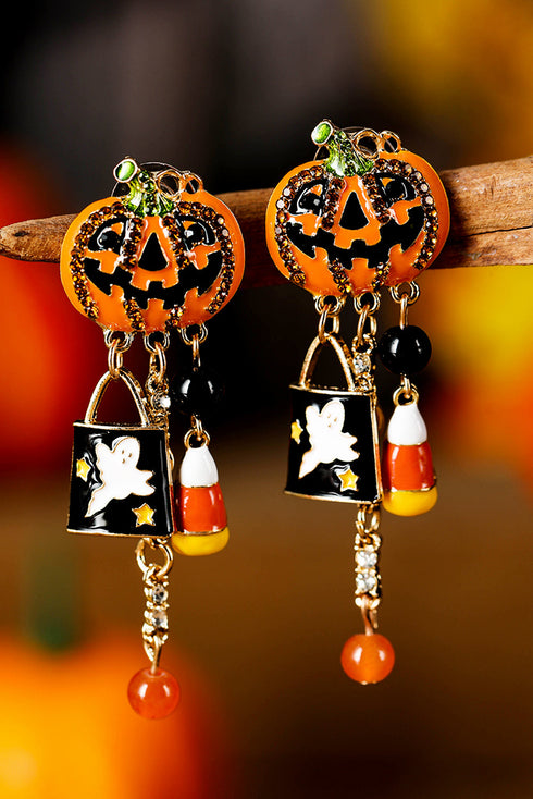 Rhinestone Pumpkin Ghost Tassel Statement Dangle Earrings