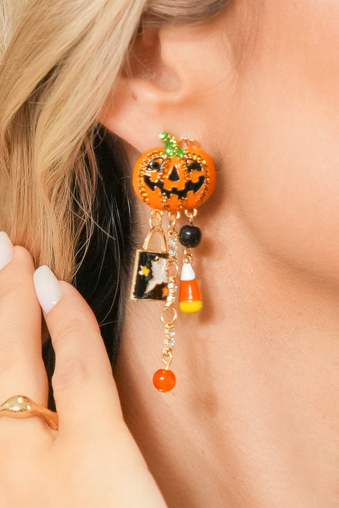 Rhinestone Pumpkin Ghost Tassel Statement Dangle Earrings