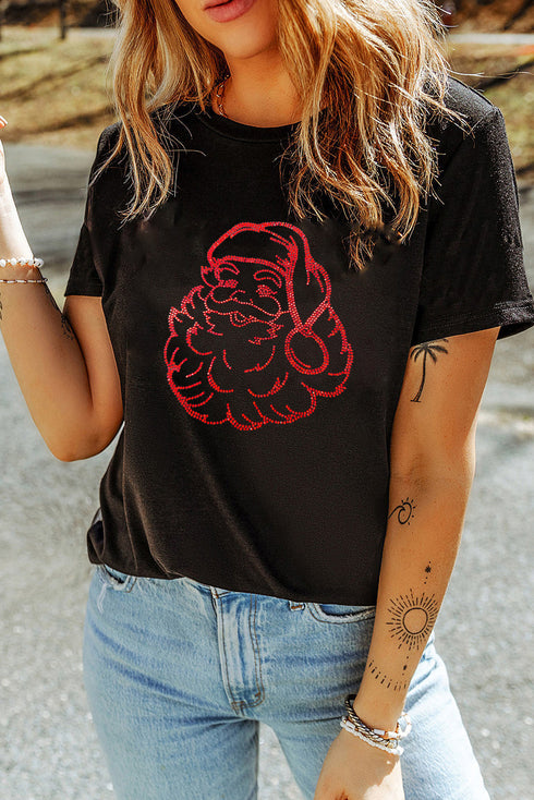 Rhinestone Santa Claus Graphic Crewneck Short Sleeve Stretch Knit Tee