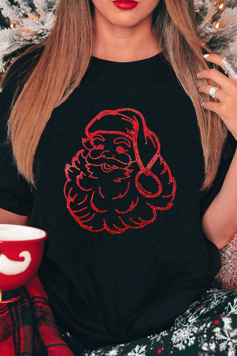 Rhinestone Santa Claus Graphic Crewneck Short Sleeve Stretch Knit Tee