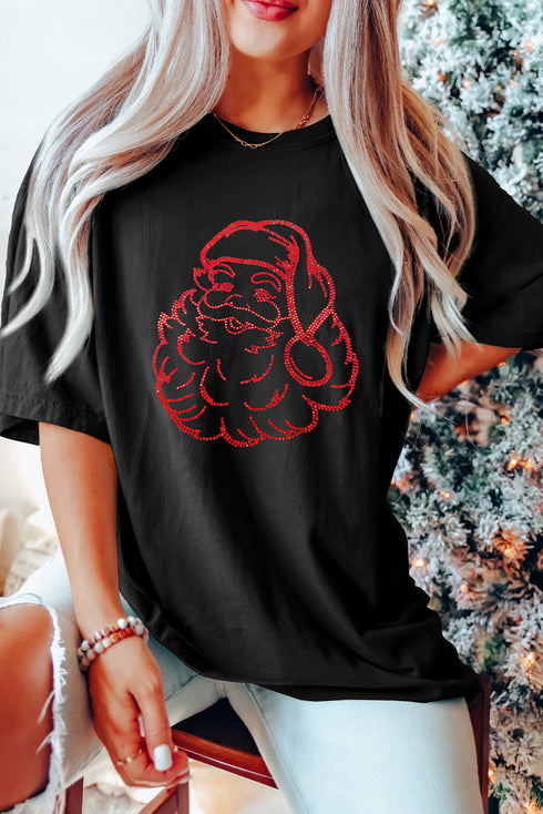 Rhinestone Santa Claus Graphic Crewneck Short Sleeve Stretch Knit Tee