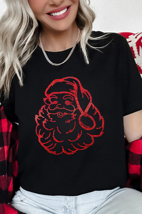 Rhinestone Santa Claus Graphic Crewneck Short Sleeve Stretch Knit Tee