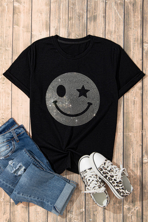 Rhinestone Smiley Face Star Eye Graphic Tee