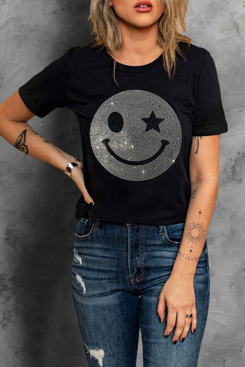Rhinestone Smiley Face Star Eye Graphic Tee