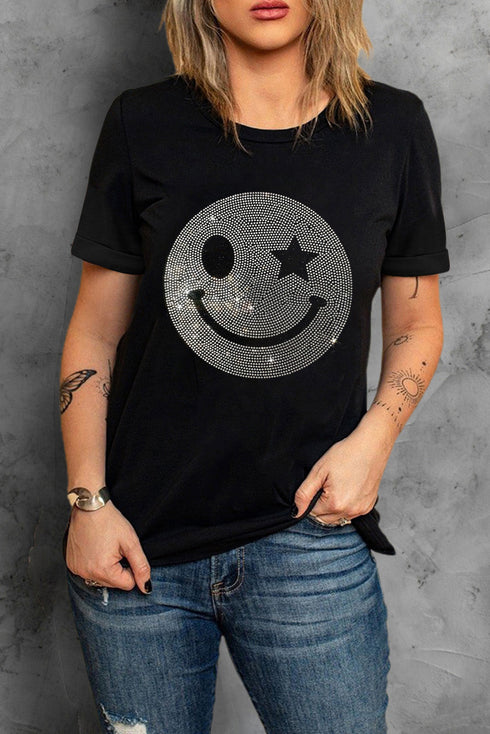 Rhinestone Smiley Face Star Eye Graphic Tee
