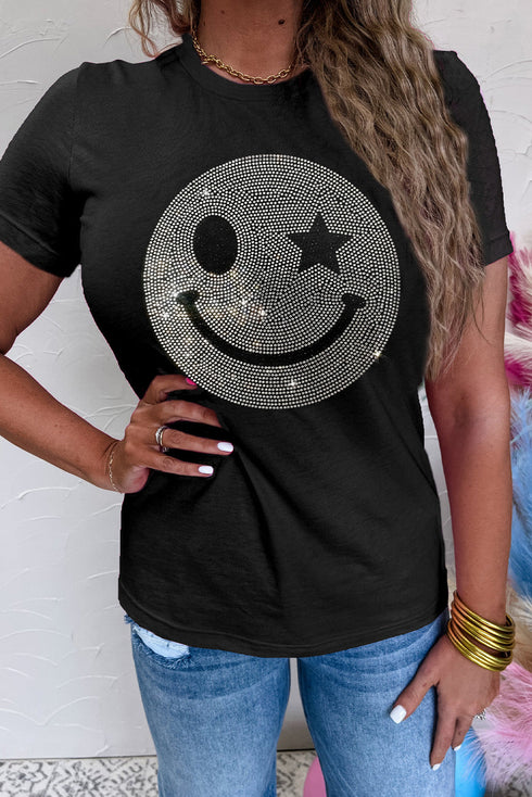 Rhinestone Smiley Face Star Eye Graphic Tee