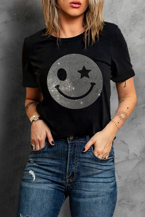 Rhinestone Smiley Face Star Eye Graphic Tee