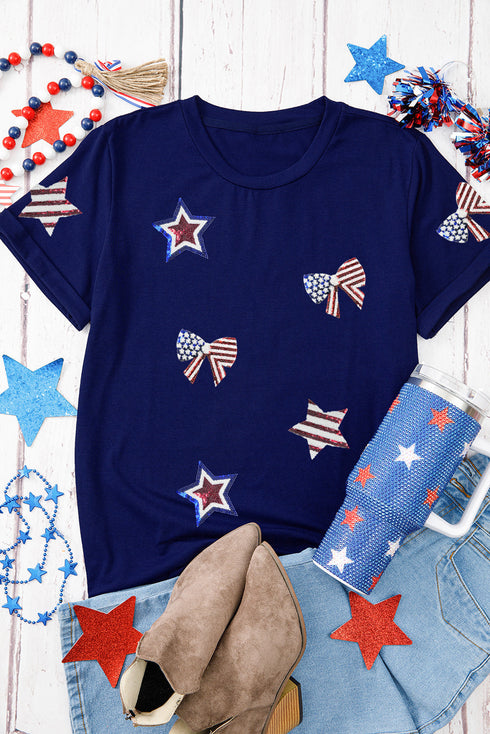Rhinestone Star And Bow Graphic Crew Neck Shirt
