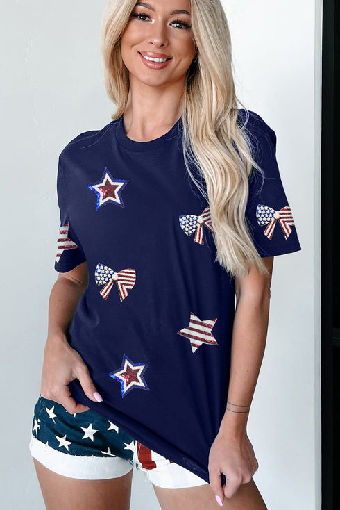 Rhinestone Star And Bow Graphic Crew Neck Shirt