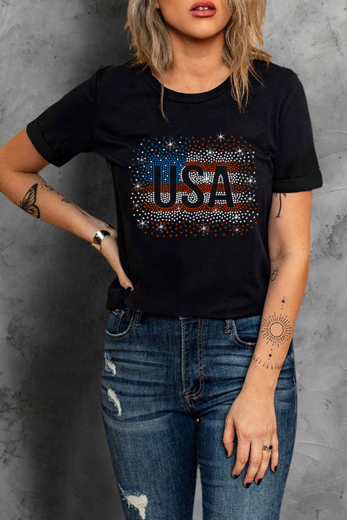 Rhinestone Studded USA Graphic Short Sleeve Shirt