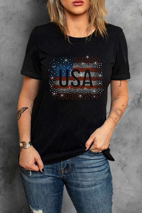 Rhinestone Studded USA Graphic Short Sleeve Shirt