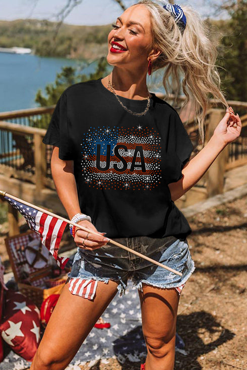 Rhinestone Studded USA Graphic Short Sleeve Shirt