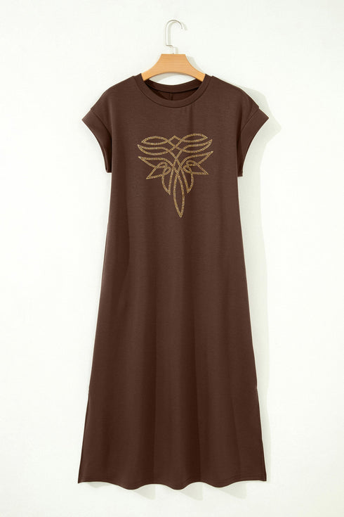 Rhinestone Western Graphic Side Slit Midi T Shirt Dress