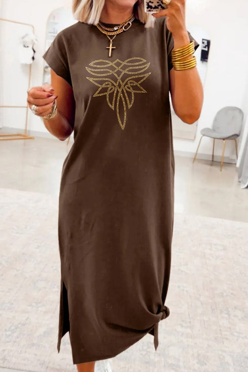 Rhinestone Western Graphic Side Slit Midi T Shirt Dress