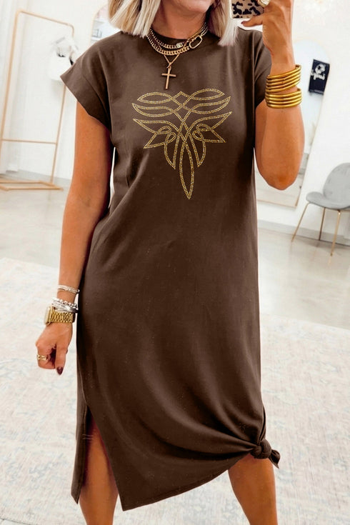 Rhinestone Western Graphic Side Slit Midi T Shirt Dress