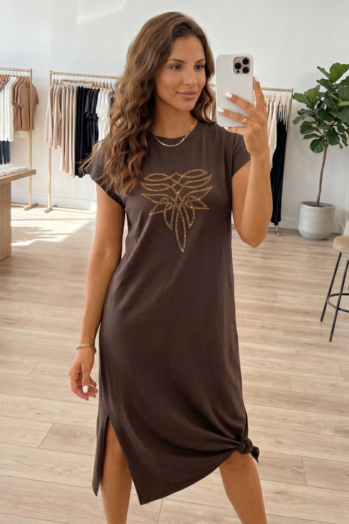 Rhinestone Western Graphic Side Slit Midi T Shirt Dress