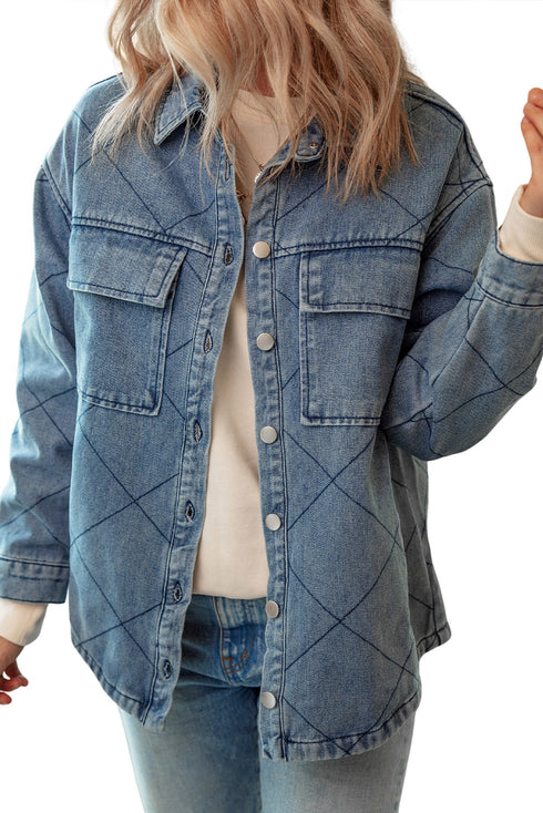 Rhombus Stitched Pattern Button Pocketed Denim Jacket