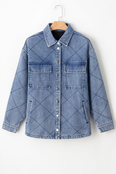 Rhombus Stitched Pattern Button Pocketed Denim Jacket
