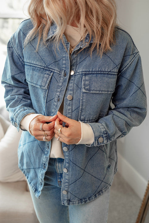 Rhombus Stitched Pattern Button Pocketed Denim Jacket