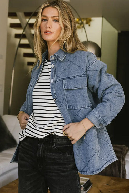 Rhombus Stitched Pattern Button Pocketed Denim Jacket