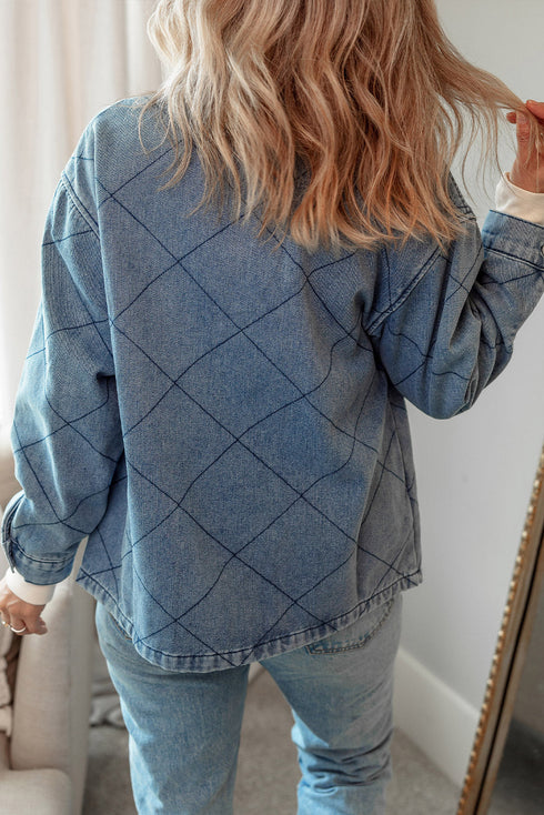 Rhombus Stitched Pattern Button Pocketed Denim Jacket