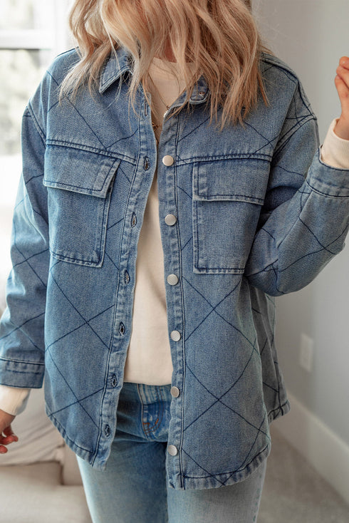 Rhombus Stitched Pattern Button Pocketed Denim Jacket