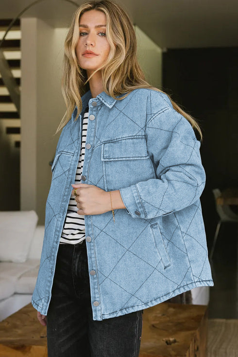 Rhombus Stitched Pattern Button Pocketed Denim Jacket