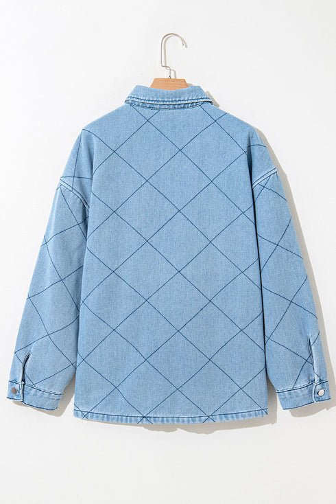 Rhombus Stitched Pattern Button Pocketed Denim Jacket