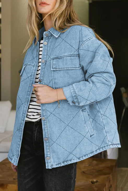 Rhombus Stitched Pattern Button Pocketed Denim Jacket