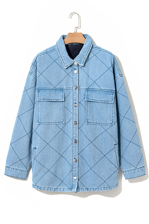 Rhombus Stitched Pattern Button Pocketed Denim Jacket